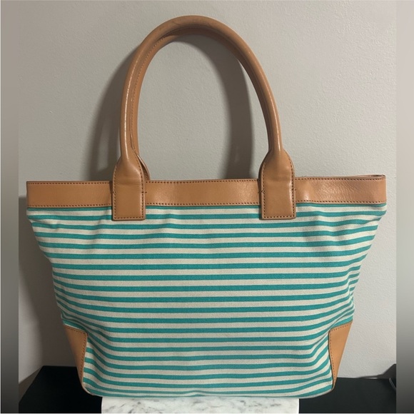 Tory Sophia Canvas Burch Aqua and Tan Striped Tote - Picture 7 of 15